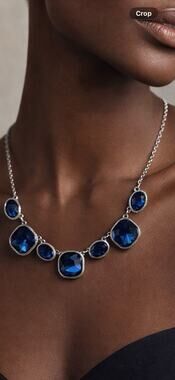 Crown Trifari Blue Rhinestone Statement Necklace Silver Tone 18”